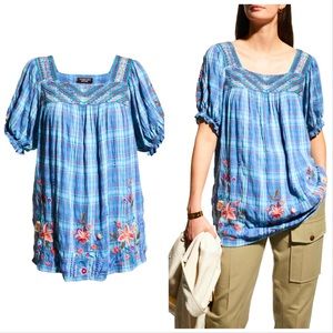 Johnny Was Plaid Puff Sleeve Peasant Top New